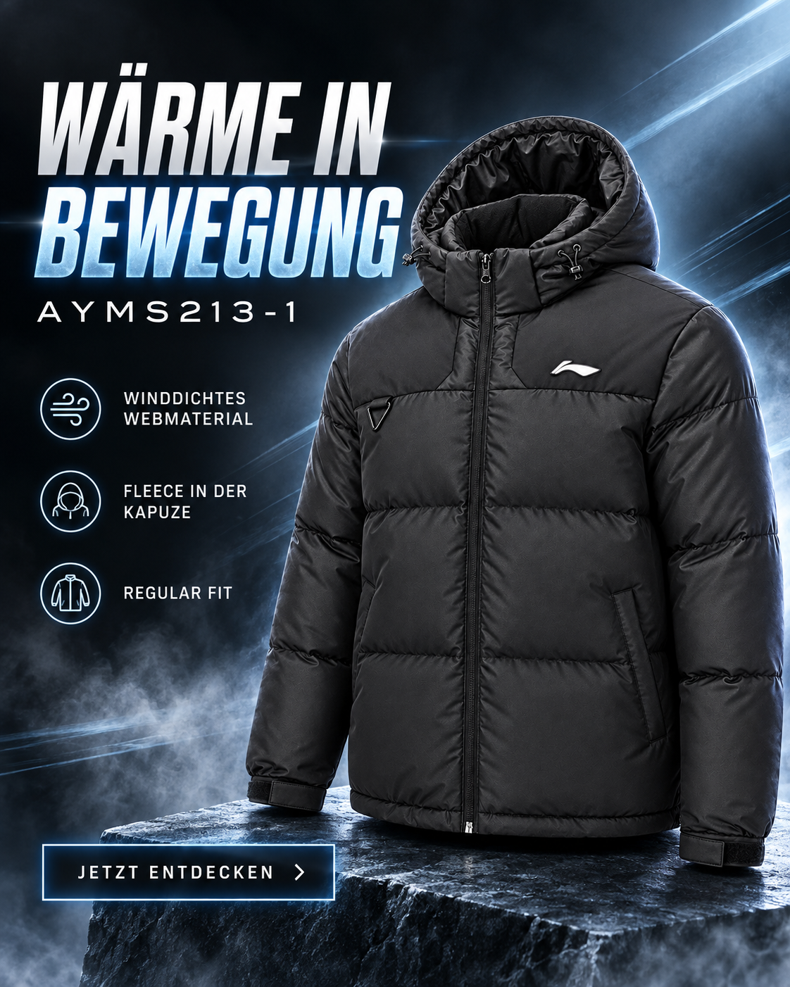 Herren Outdoor Daunenjacke schwarz mit Kapuze- AYMS213-1