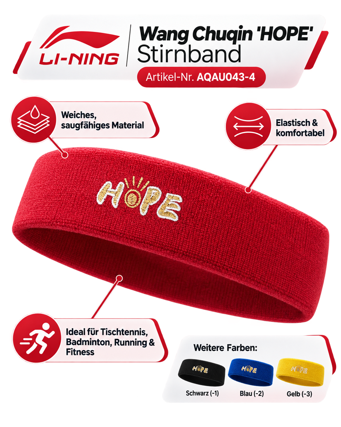 Wang Chuqin 'Hope' Stirnband - rot - AQAU043-4